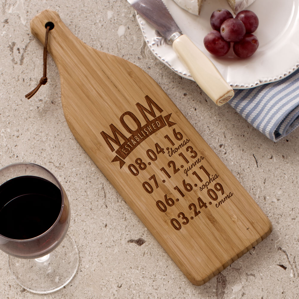 Engraved Mom Established Wine Bottle Cutting Board | Personalized Grandma Gifts