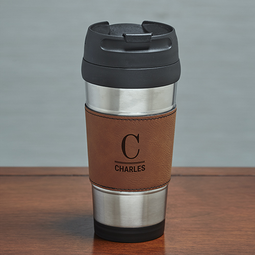 Engraved Travel Mug With Initial And Name On Leatherette GiftsForYouNow