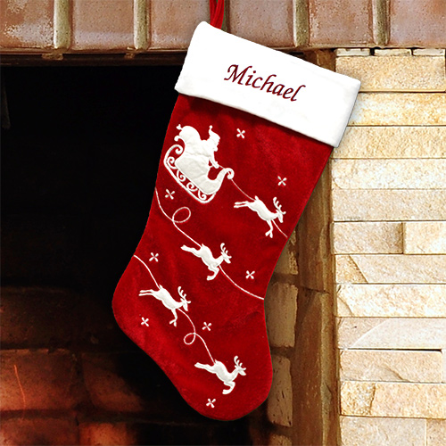 Embroidered Red Velvet Stocking with White Santa Sleigh | Personalized Christmas Stockings