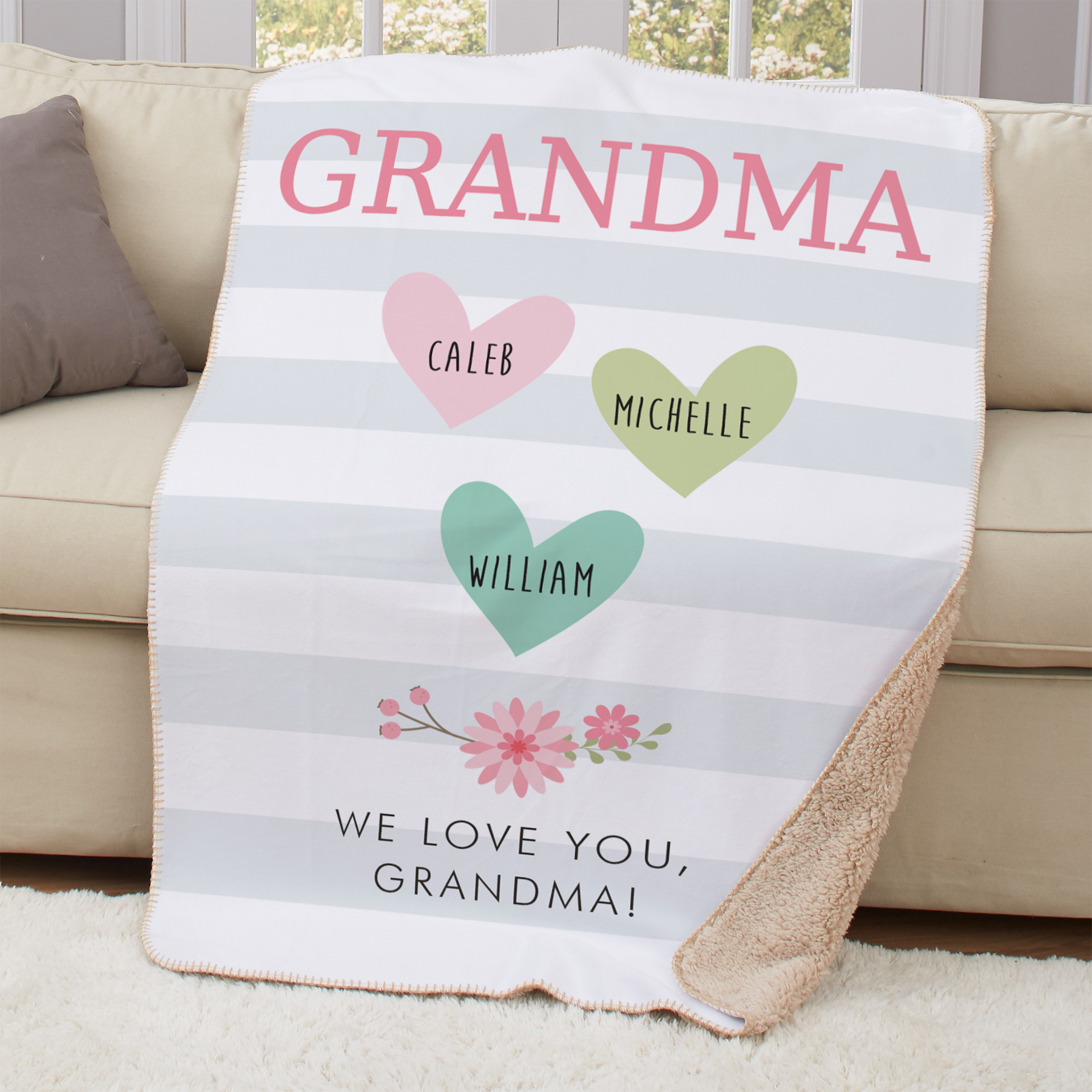 Personalized Nana Floral Stripe Sherpa Throw Blanket For Grandma