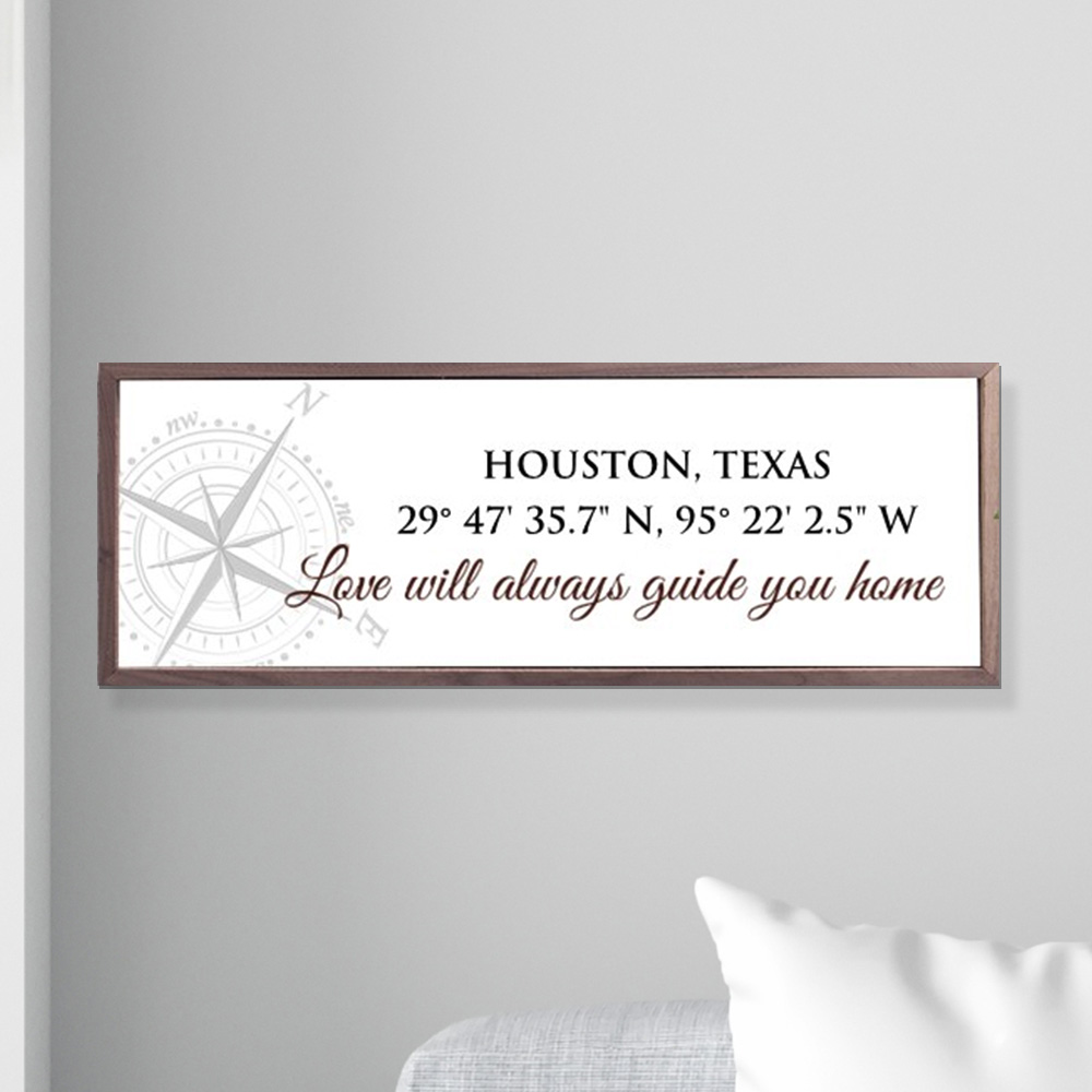 Wood Framed Coordinates Sign | Personalized Love Leads You Home Sign