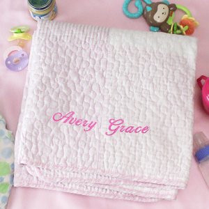 Image of Embroidered Pink Baby Quilt