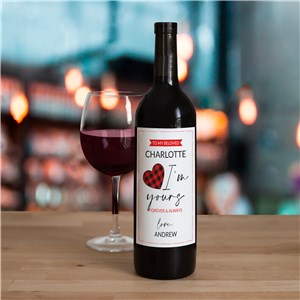 Personalized I'm Yours Wine Bottle Labels with Plaid Heart Design