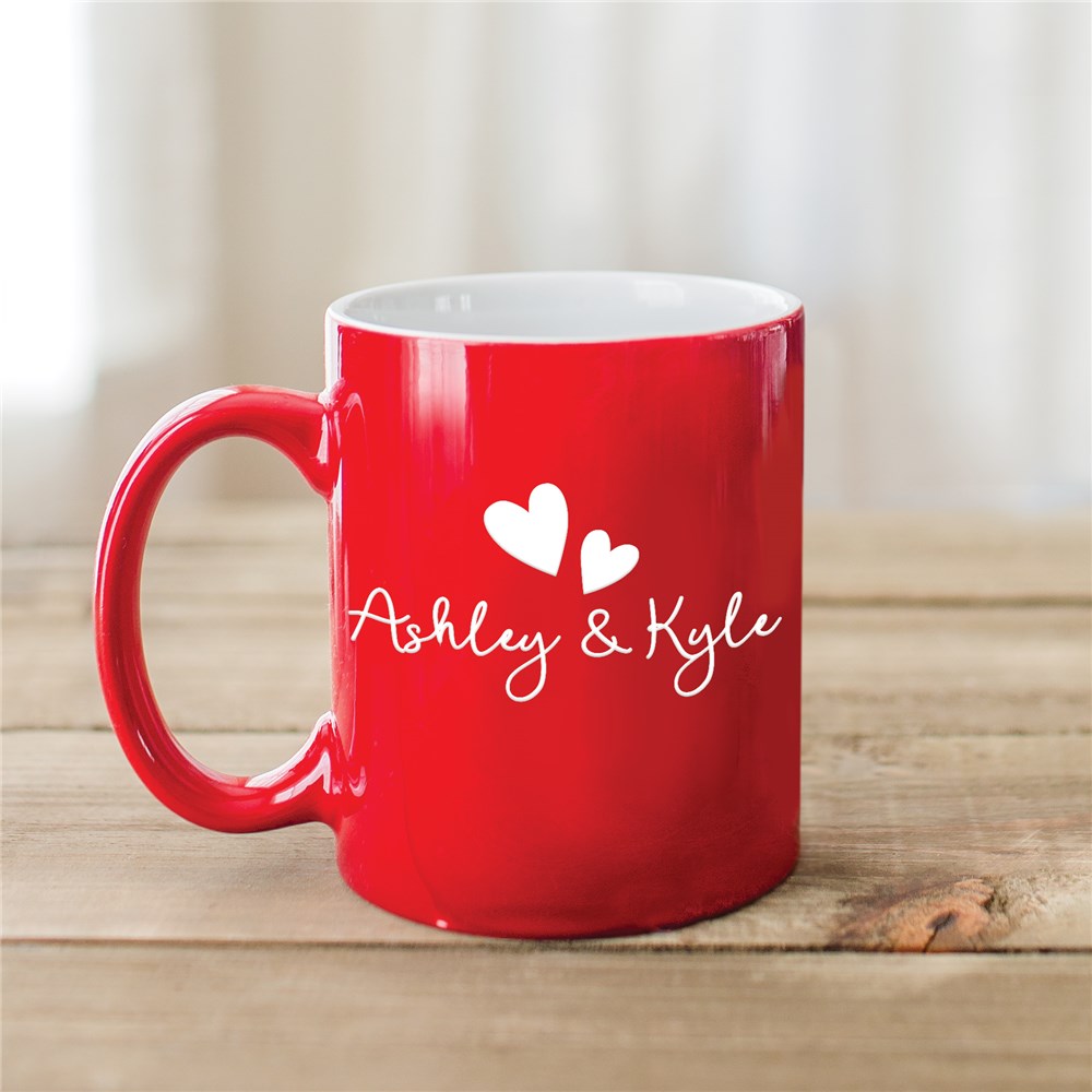 Red Mug With Names | Engraved Mug With Hearts