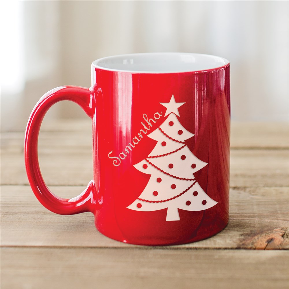 Christmas Tree Engraved Red Mug | Customizable Coffee Mugs