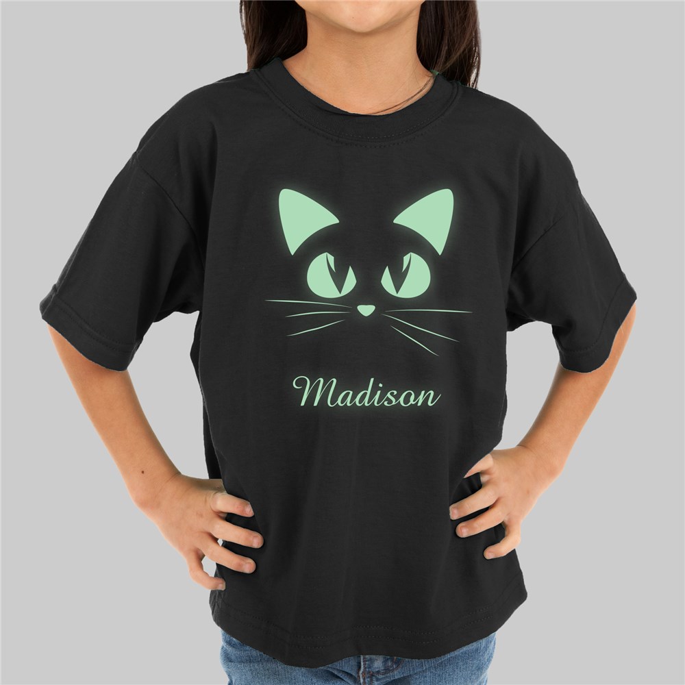 Glow In The Dark Cat Face Personalized T-Shirt | Glow In The Dark Halloween Shirts For Kids