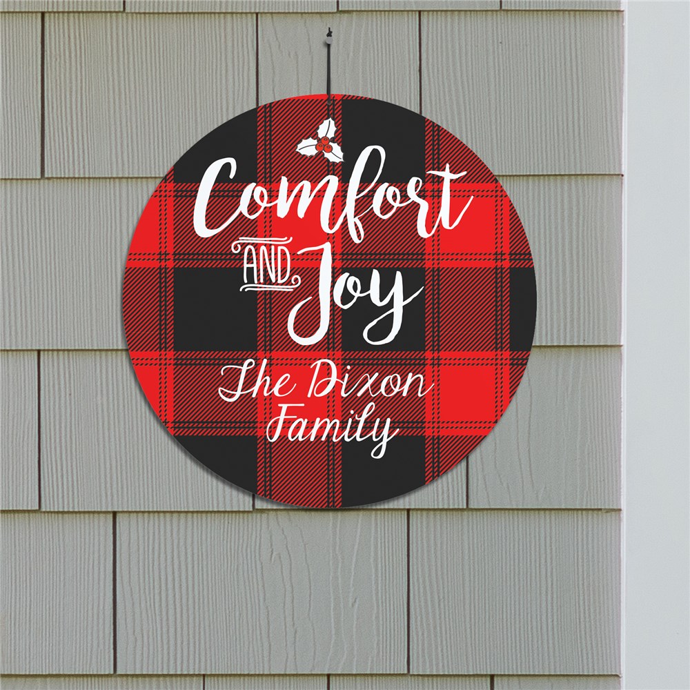 Comfort And Joy Personalized Round Wall Sign | Personalized Plaid Christmas Decor