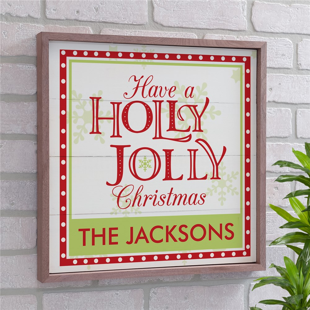 Holly Jolly Christmas Wood Frame Personalized Wall Sign GiftForYouNow