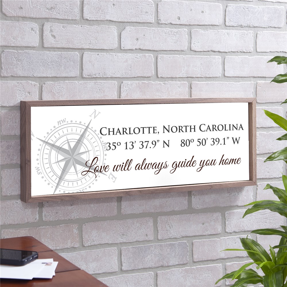 Wood Framed Coordinates Sign | Personalized Love Leads You Home Sign
