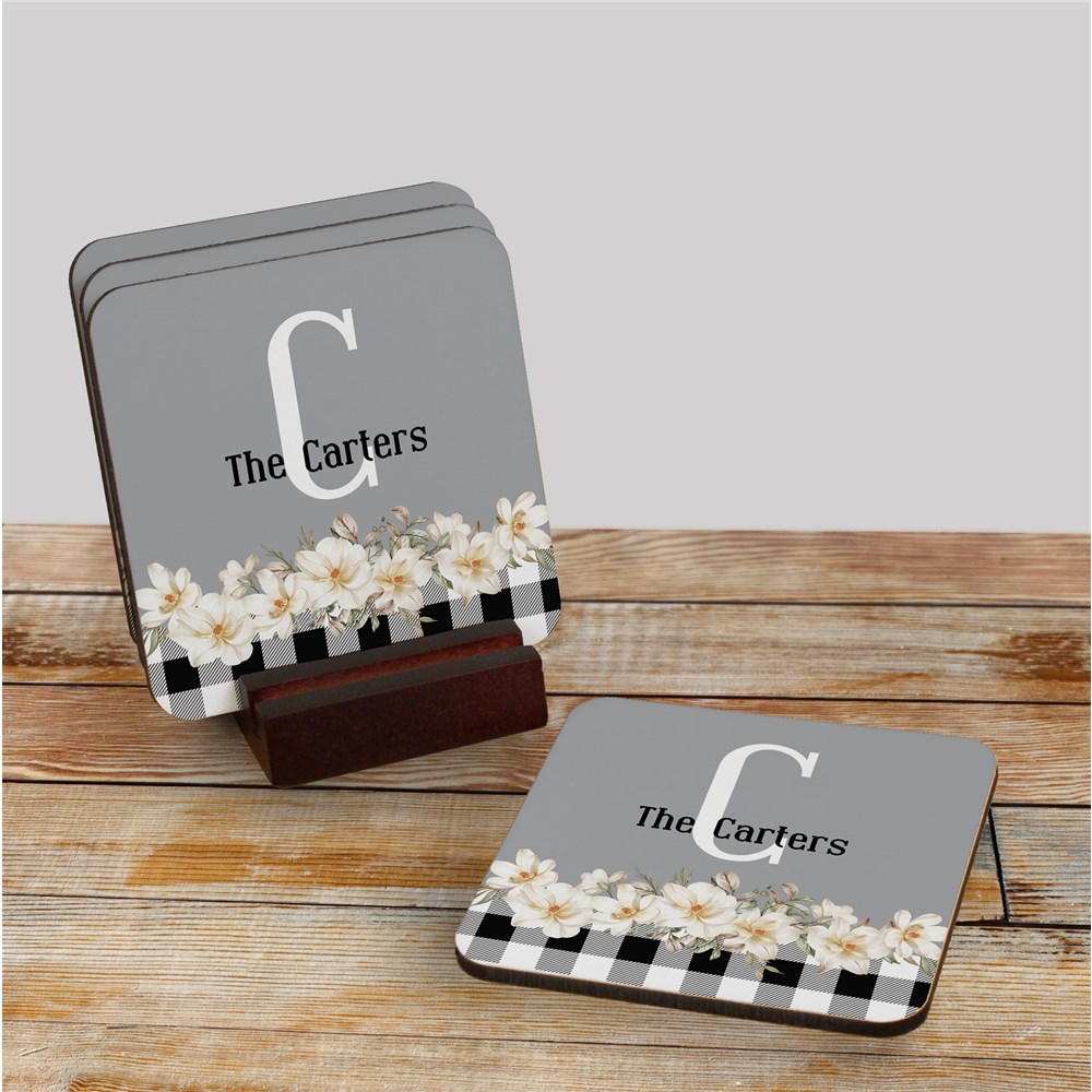 Personalized Floral Plaid Coasters