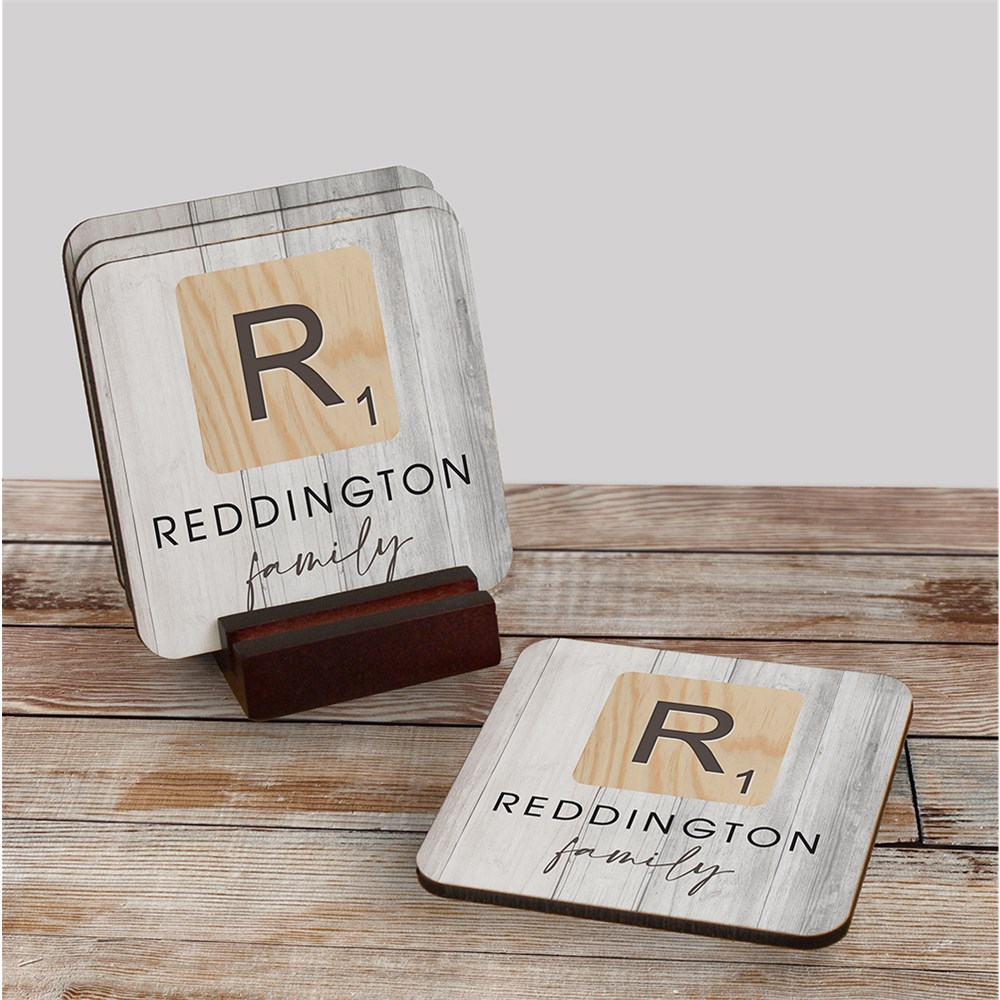 Personalized Word Tile Coasters with Family Name & Initial