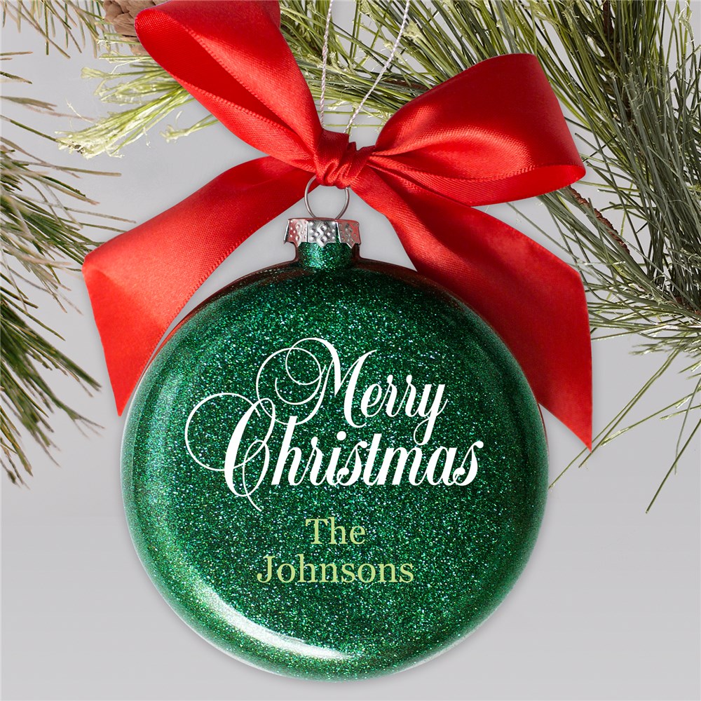 Personalized Merry Christmas Glass Ornament | Glitter Christmas Ornaments