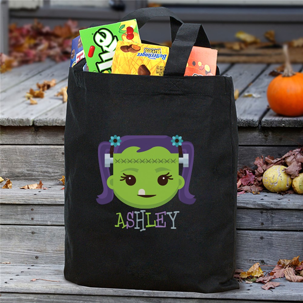Personalized Frankenstein Black Trick or Treat Bag Tote | Personalized Trick Or Treat Bag