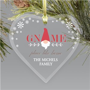 Personalized Gnome Place Like Home Glass Heart Ornament | Christmas Gnome Ornament