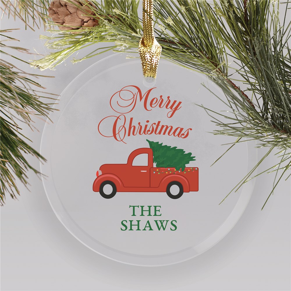 Merry Christmas Or Happy Holidays Choice Glass Personalized Ornament | Red Truck Christmas Decor