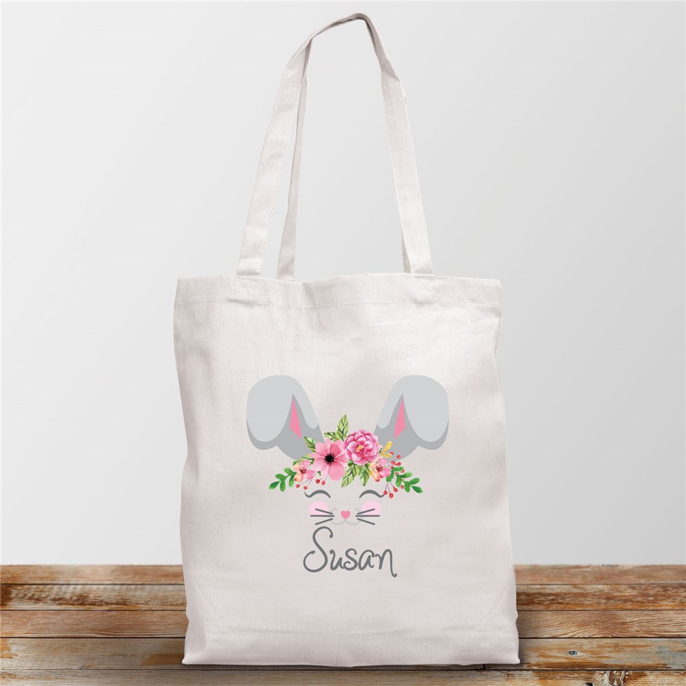 Personalized Flower Crowned Bunny White Tote Bag