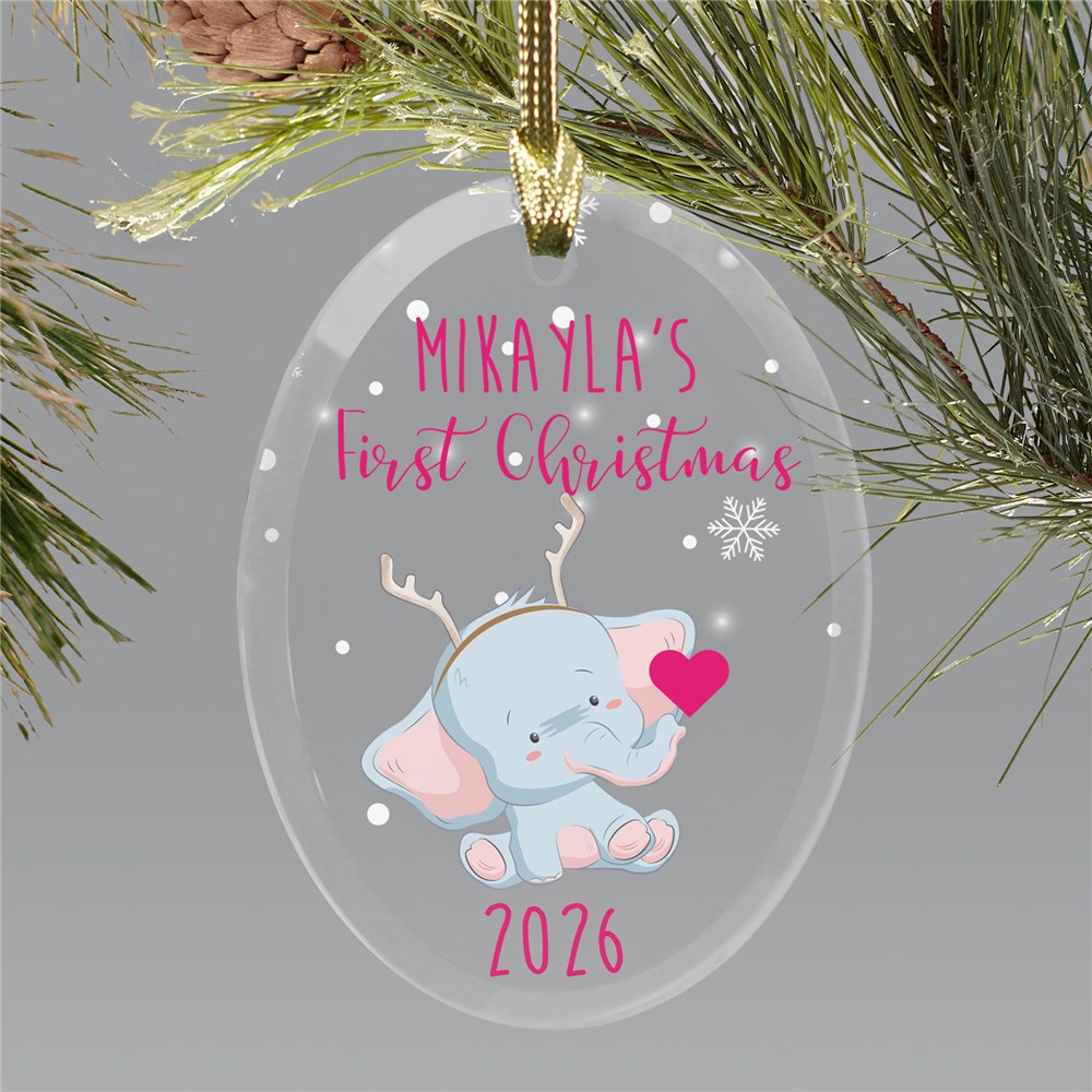 Personalized First Christmas Elephant Glass Ornament