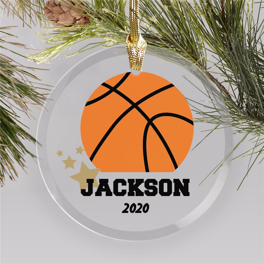 Personalized Sports Ball Name And Year Round Glass Ornament
