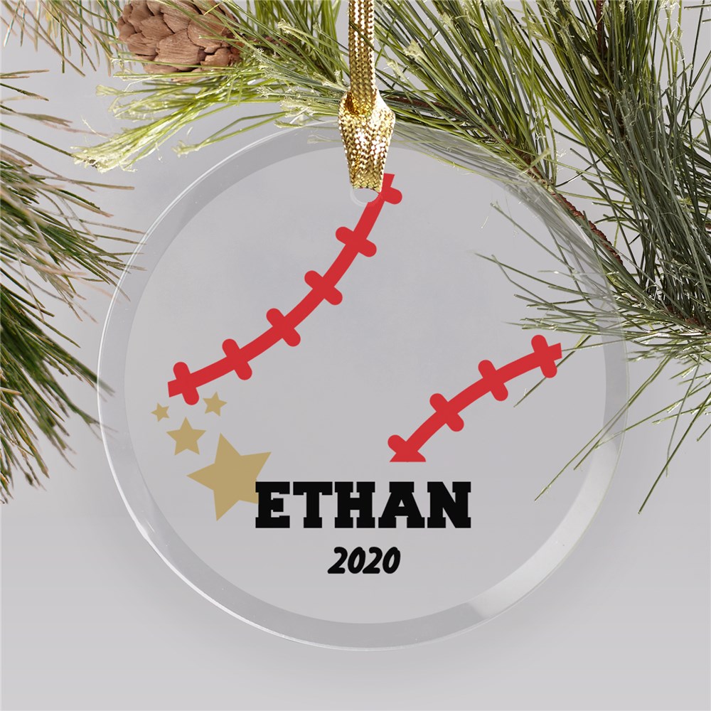 Personalized Sports Ball Name And Year Round Glass Ornament