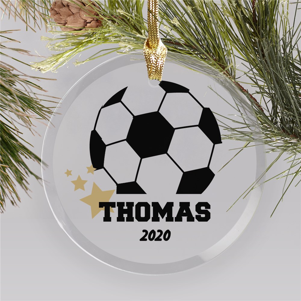 Personalized Sports Ball Name And Year Round Glass Ornament