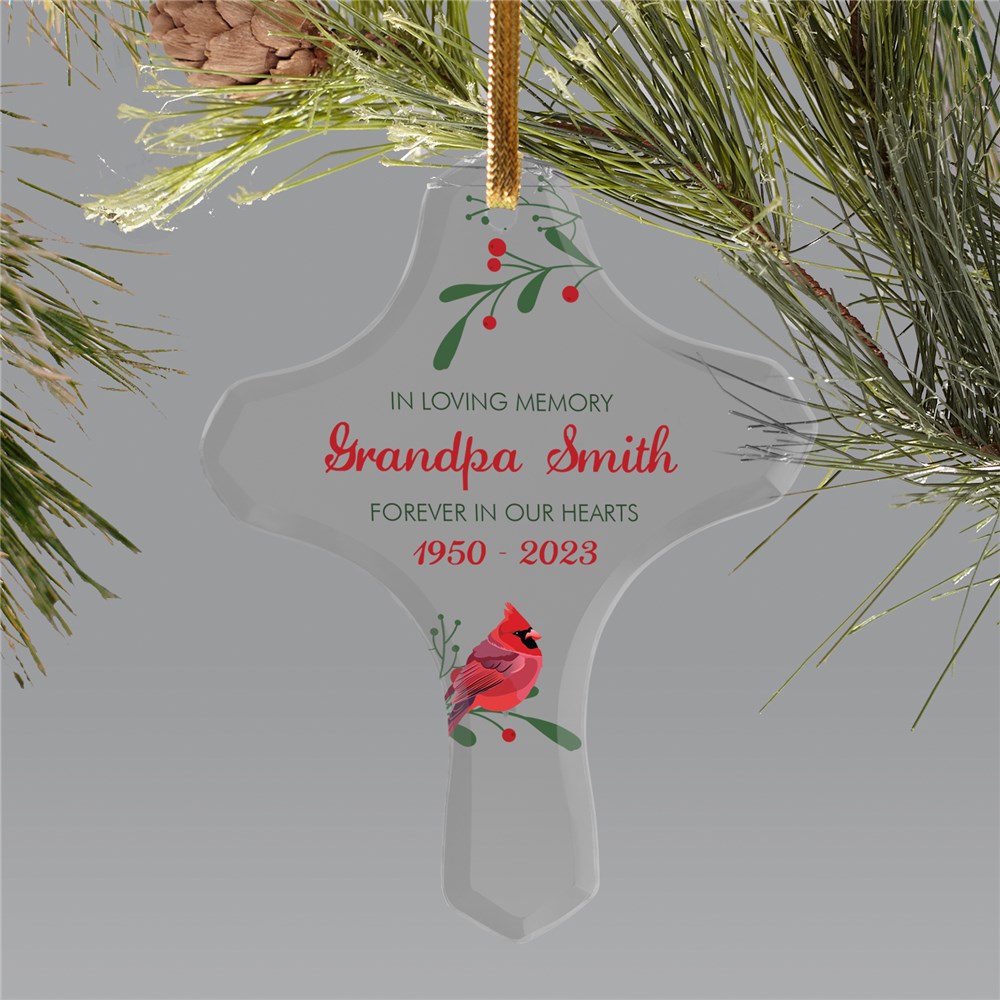 Personalized In Loving Memory Cross Ornament With Cardinal Design