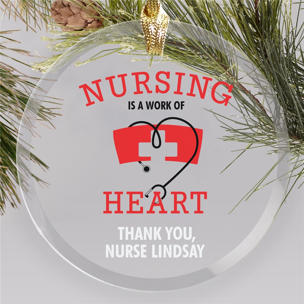 Personalized Nursing is a Work of Heart Round Glass Ornament
