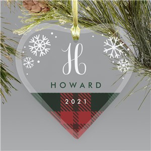 Personalized Plaid Snowflakes Glass Heart Ornament