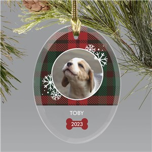 Personalized Plaid Pet Photo Oval Glass Ornament