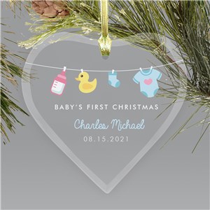 Personalized First Christmas Clothesline Glass Heart Ornament