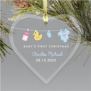 Personalized First Christmas Clothesline Glass Heart Ornament