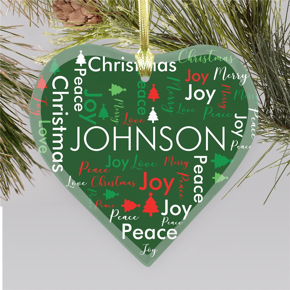 Family Christmas Word Art Heart Glass Ornament