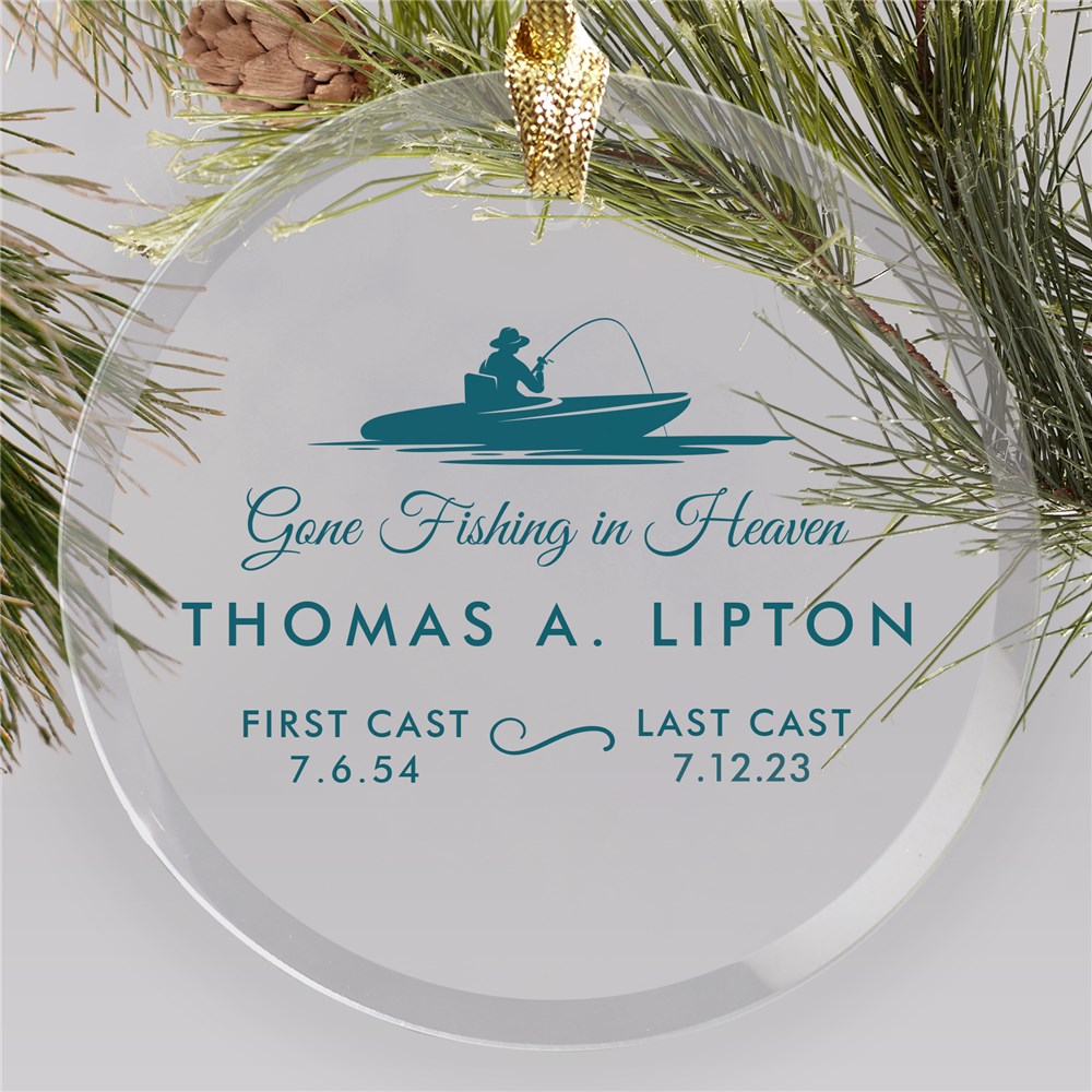 Personalized Gone Fishing in Heaven Round Glass Ornament