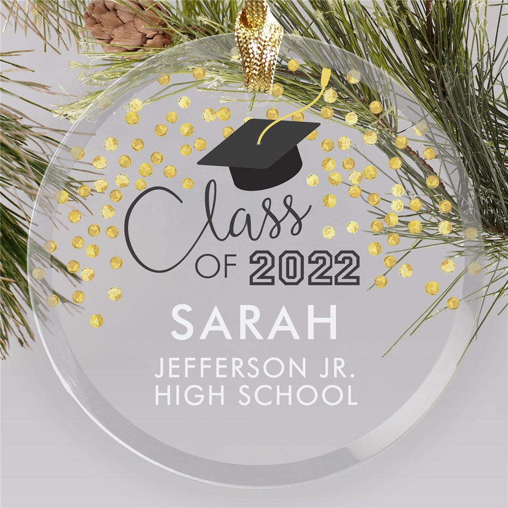 Personalized Class Of With Gold Confetti Glass Graduation Ornament