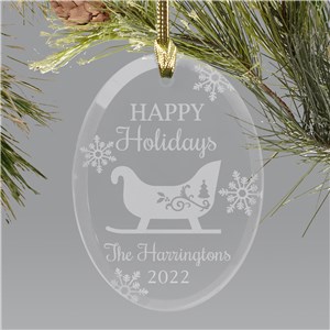 Engraved Happy Holidays with Sleigh Oval Glass Ornament