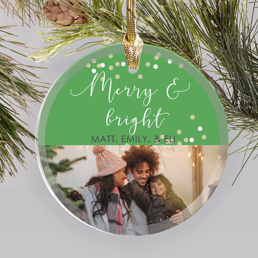 Personalized Merry & Bright Round Glass Photo Ornament