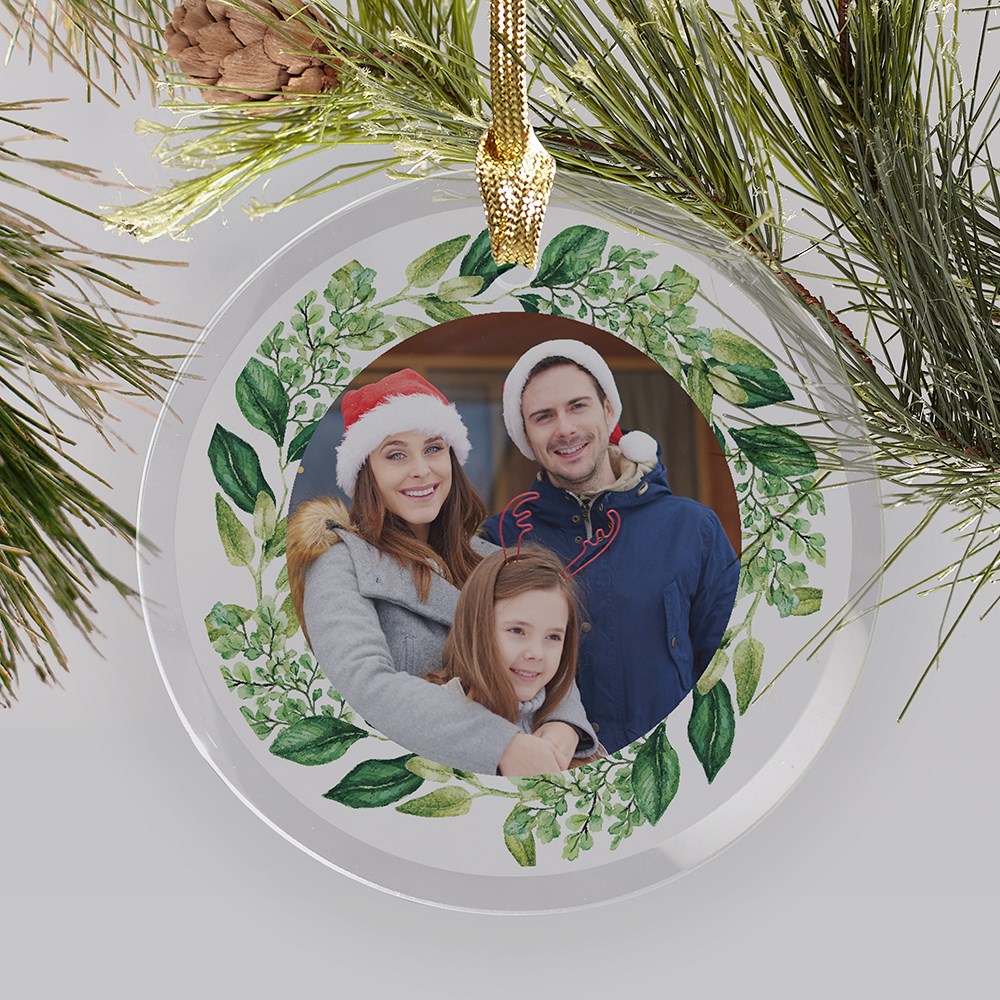 Personalized Photo Wreath Round Glass Ornament
