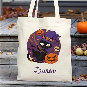 Personalized Halloween Black Cat Canvas Tote Bag