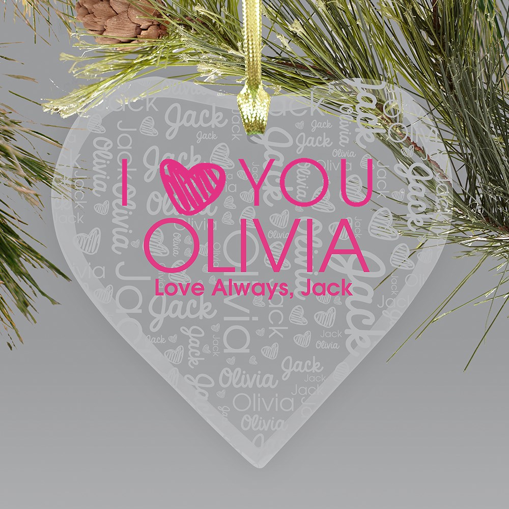 Personalized I Love You Word Art Glass Heart Ornament