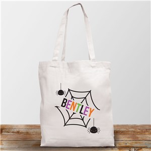 Personalized Spider Web With Name White Tote Bag for Halloween