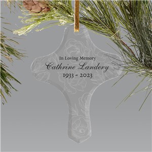 Personalized Simple Floral Memorial Glass Cross Ornament 8219434C