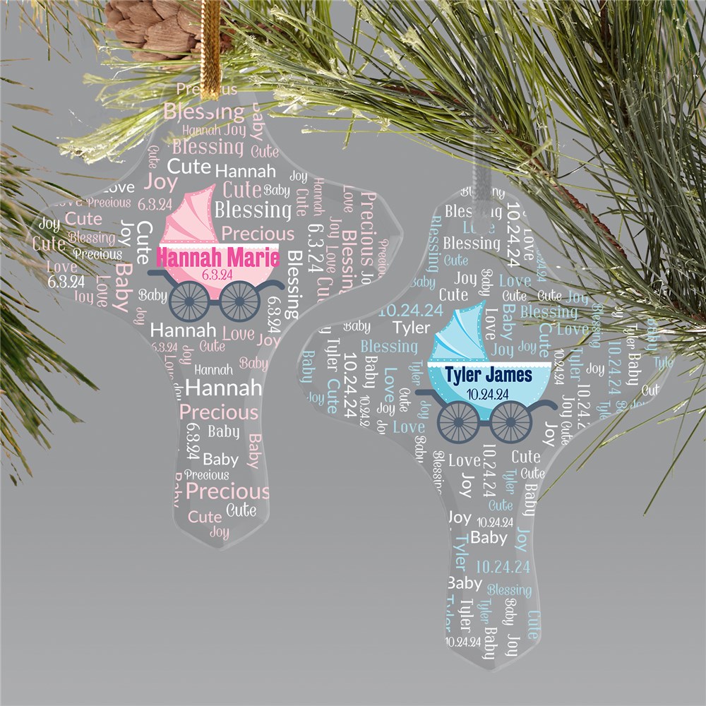Glass Cross Christmas Ornament With Baby Carriage