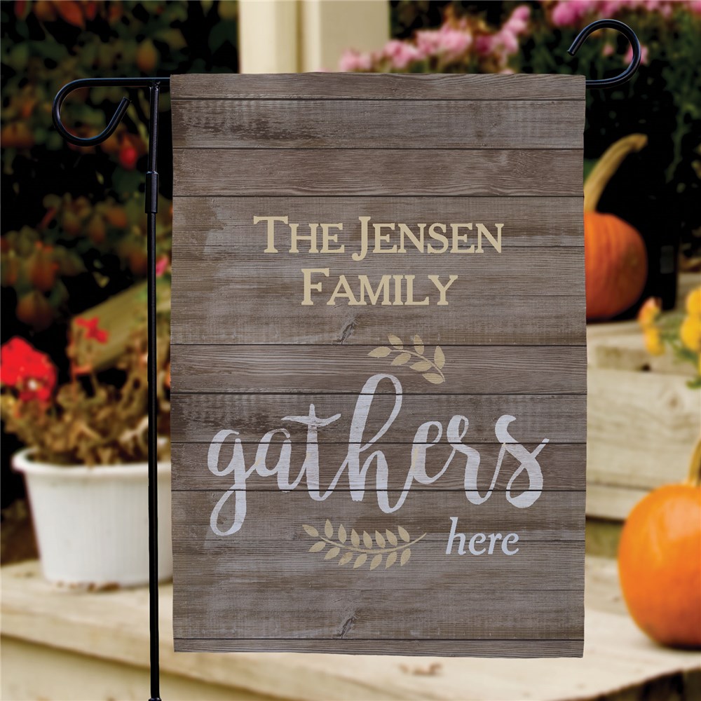 Personalized Family Gathers Here Garden Flag | Good Housewarming Gifts