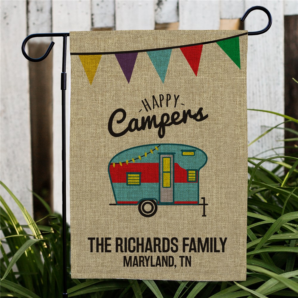 Personalized Happy Camper Burlap Garden Flag | Personalized Housewarming Gifts