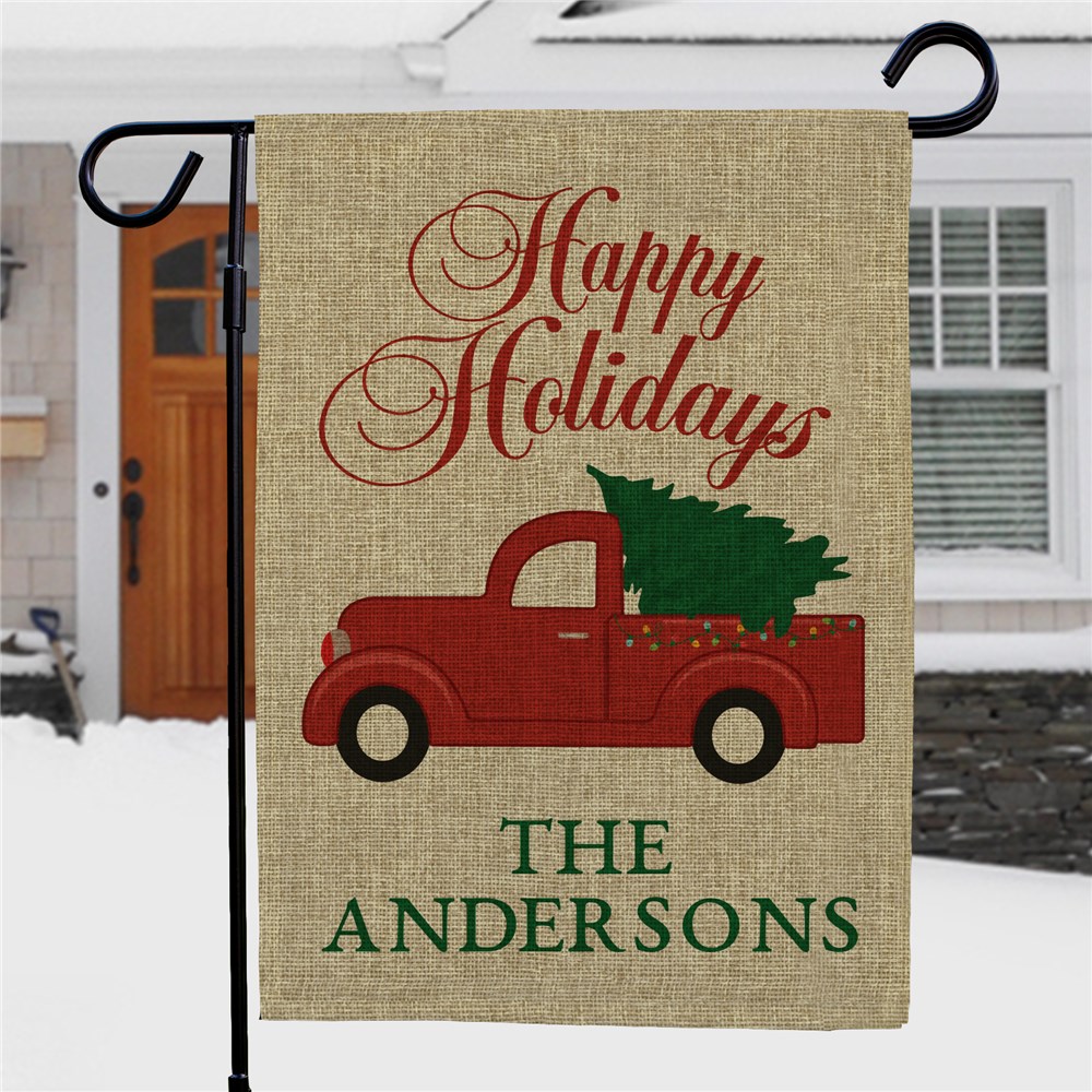 Personalized Happy Holidays Burlap Garden Flag | Christmas Truck Personalized Flag