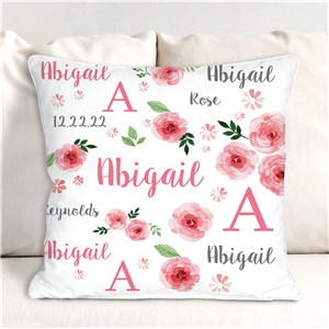 Personalized Pink Floral Throw Pillow for Baby's Nursery