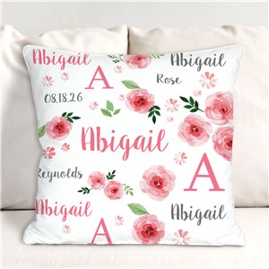 Personalized Pink Floral Throw Pillow for Baby's Nursery