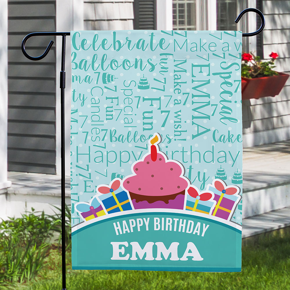 Personalized Birthday Cupcake Word-Art Garden Flag | Personalized Birthday Garden Flags