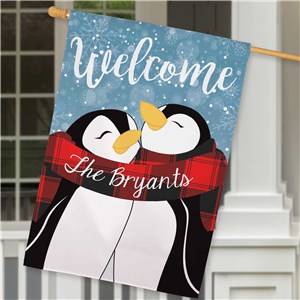 Custom Welcome Hugging Penguin Couple House Flag