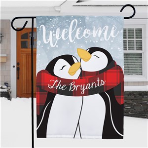 Personalized Welcome Hugging Penguin Couple Garden Flag | Winter Personalized Garden Flag