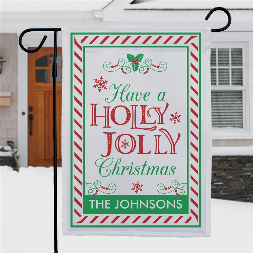Personalized Striped Whimsical Holly Jolly Christmas Garden Flag | Personalized Garden Flag